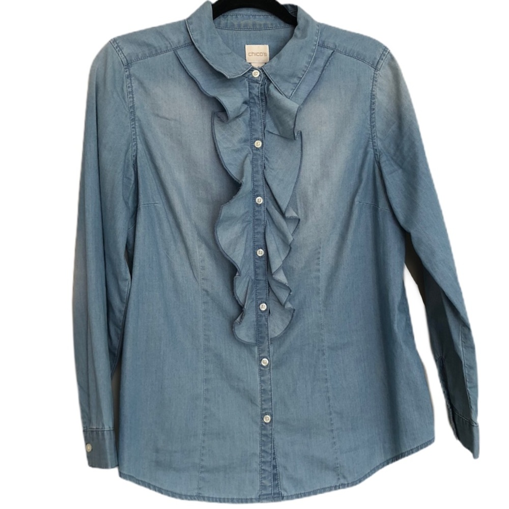 Chico’s Chambray Button Down Ruffle Blouse